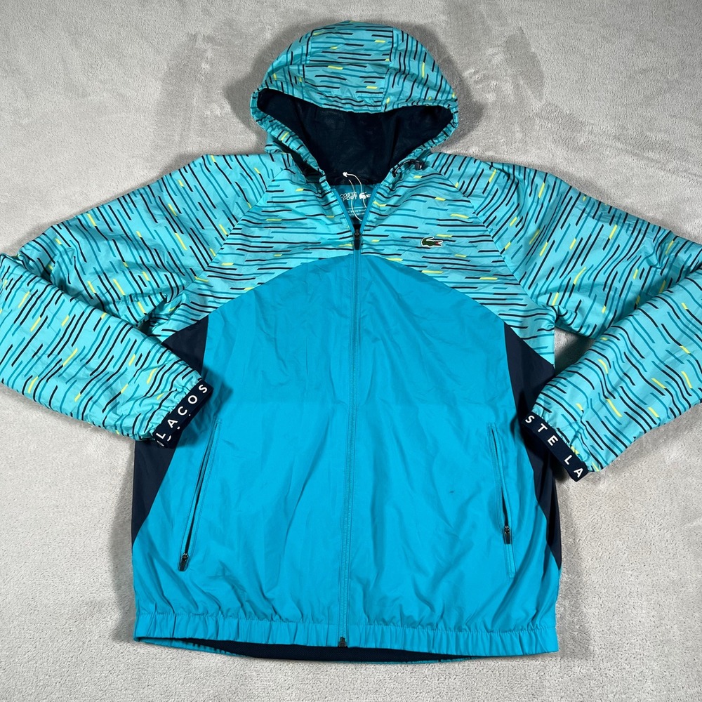 Lacoste Sport Windbreaker Jacket Men's M/L Turquoise Teal Geometric Print Hooded